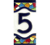 TORO DEL ORO Numeri civici e lettere in piastrelle. Ceramica smaltata, dipinti a mano tecnica corda secca. Nomi e direzioni. Design Mosaico medio 5,5 x 10,5 cm (Numero Cinque “5")