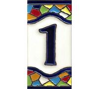 TORO DEL ORO Numeri civici e lettere in piastrelle. Ceramica smaltata, dipinti a mano tecnica corda secca. Nomi e direzioni. Design Mosaico medio 5,5 x 10,5 cm (Numero Uno "1")
