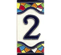 TORO DEL ORO Numeri civici e lettere in piastrelle. Ceramica smaltata, dipinti a mano tecnica corda secca. Nomi e direzioni. Design Mosaico medio 5,5 x 10,5 cm (Numero Due "2")