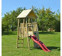 Torre da gioco in legno con torre da gioco e scivolo rosso | Piattaforma 2 piani - 90 cm e 120 cm di altezza | Parco giochi esterno impregnato con parete da arrampicata e accessori da gioco