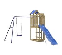 Torre da gioco in legno di pino impregnato con altalena, scivolo ondulato, sabbiera e struttura da arrampicata per bambini in giardino, casetta resistente alle intemperie con ringhiera in legno