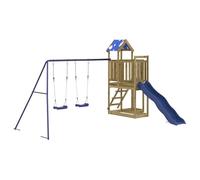 Torre da gioco in legno di pino impregnato con scivolo e doppia altalena, altezza della piattaforma di 90 cm, stabile struttura da arrampicata per bambini in giardino, inclusa sabbiera e scala