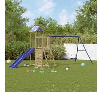 Torre da gioco in legno di pino impregnato con scivolo ondulato, doppia altalena e sabbiera, altezza della piattaforma di 90 cm, stabile struttura da arrampicata per bambini in giardino