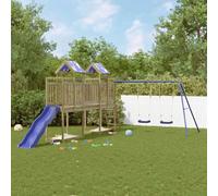 Torre da gioco in legno di pino impregnato con scivolo ondulato e doppia altalena, altezza della piattaforma 90 cm, robusta struttura da arrampicata per bambini, dispositivo da gioco da giardino con