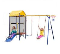 Torre da gioco per esterni, con trampolino, scivolo e doppia altalena, struttura da arrampicata per bambini a partire dai 3 anni in su