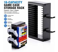 Torre di archiviazione per 16 dischi di videogiochi con 4 slot per controller/cuffie, organizer impilabile verticale o orizzontale per DVD Blu-Ray compatibile con P5, P4, Xbo e Switch 1/2, nero Porta
