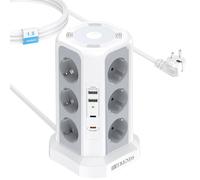 Torre di corrente, 12 prese, presa multipla, 4000 W, protezione da sovratensione, presa da tavolo con 2 USB A+ 2 USB C (PD 20 W), presa di distribuzione con luce notturna regolabile, 1,8 m (bianco)