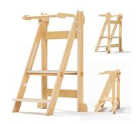 Torre didattica pieghevole, ausilio da cucina Montessori salvaspazio con ringhiere di sicurezza, sgabello regolabile per bambini dai 18 mesi ai 5 anni, legno naturale (capacità 50 kg)