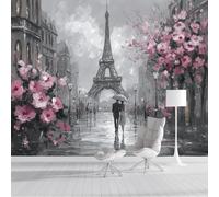 Torre Eiffel Coppia Scena Di Pioggia Carta Da Parati Murale, Carta Da Parati Panoramica in Seta Stile Pittura Ad Olio Retrò, Grigio Poster Murale per Soggiorno Camera Da Letto Sala Da Pranzo 350x256cm