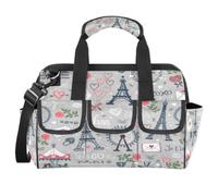 Torre Eiffel di Parigi, borsa per attrezzi da giardino, multi-tasche, a bocca larga, resistente, impermeabile, con tracolla regolabile (cuore con fiore grigio)