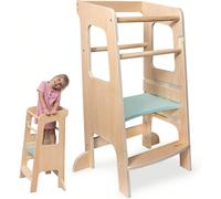Torre Montessoriana per bambini in legno naturale, 3 livelli, antiscivolo e antiribaltamento, doppia barra di sicurezza, torre montessoriana a norma CE The stable and non-slip base ensures that the Mo