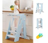 Torre Montessoriana Pieghevole per Bambini, Sgabello a gradini regolabile in altezza per bambini (2-3 livelli), Learning Tower con Barra di Sicurezza, per Bancone Cucina Lavandino Bagno (Blu)
