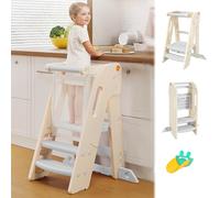 Torre Montessoriana Pieghevole per Bambini, Sgabello a gradini regolabile in altezza per bambini (2-3 livelli), Learning Tower con Barra di Sicurezza, per Bancone Cucina Lavandino Bagno (Bianco)