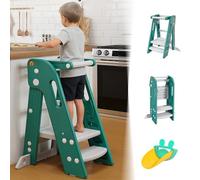 Torre Montessoriana Pieghevole per Bambini, Sgabello a gradini regolabile in altezza per bambini (2-3 livelli), Learning Tower con Barra di Sicurezza, per Bancone Cucina Lavandino Bagno (Verde)
