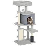 Torre per gatti PawHut, altezza cm, con tappeto per tirare, lettino, casetta, piattaforme, spazzola per la toelettatura, palline da gioco, grigio chiaro