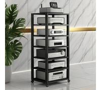 Torre rack audio Scaffalatura audio-video con ruote, mobiletto portaoggetti for componenti stereo e centro di intrattenimento TV angolare con ripiano in legno regolabile, facile da montare(Nero)