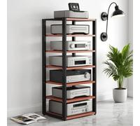 Torre rack audio Supporto multimediale AV a 7 livelli, supporto a torre for giradischi, DVD e CD, con ruote e ripiano in legno regolabile, facile da montare for home office theater(Red)