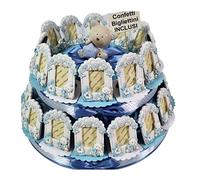 Torta di bomboniera portafoto orsetti per Battesimo bimbo completa di confetti azzurri (torta 28 fette)