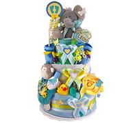 Torta di Pannolini/Pampers torte > Baby regalo per ragazzi in schoenem 3 Ton colorati (blu/giallo/grigio)//Regalo per la nascita, Battesimo, Baby Party//originale e pratico regalo per bambino