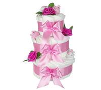 Torta di pannolini XXL rosa per bambine, 63 pezzi, regalo per nascita, baby shower e baby shower, 45 cm