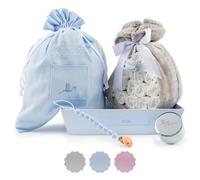 Torta Pannolini Neonato con Coperta Ricamata + 15 Pannolini Moltex Taglia 2 (3/6 Mesi) + Ciuccio con Nome + Accessori (Blu | Set con custodia per borsa) | BebeDeParis