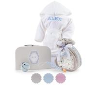 Torta Pannolini Neonato con Coperta Ricamata + 15 Pannolini Moltex Taglia 2 (3/6 Mesi) + Ciuccio con Nome + Accessori (Blu | Set con accappatoio) | BebeDeParis