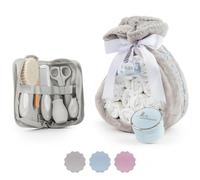 Torta Pannolini Neonato con Coperta Ricamata + 15 Pannolini Moltex Taglia 2 (3/6 Mesi) + Ciuccio con Nome + Accessori (Blu | Set con custodia da bagno) | BebeDeParis