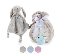 Torta Pannolini Neonato con Coperta Ricamata + 15 Pannolini Moltex Taglia 2 (3/6 Mesi) + Ciuccio con Nome + Accessori (Blu | Set con Doudou) | BebeDeParis