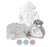 Torta Pannolini Neonato con Coperta Ricamata + 15 Pannolini Moltex Taglia 2 (3/6 Mesi) + Ciuccio con Nome + Accessori (Unisex | Set con accappatoio) | BebeDeParis