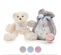 Torta Pannolini Neonato con Coperta Ricamata + 15 Pannolini Moltex Taglia 2 (3/6 Mesi) + Ciuccio con Nome + Accessori (Rosa | Set con peluche) | BebeDeParis