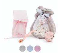 Torta Pannolini Neonato con Coperta Ricamata + 15 Pannolini Moltex Taglia 2 (3/6 Mesi) + Ciuccio con Nome + Accessori (Rosa | Set con borsa per pannolini) | BebeDeParis