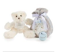 Torta Pannolini Neonato con Coperta Ricamata + 15 Pannolini Moltex Taglia 2 (3/6 Mesi) + Ciuccio con Nome + Accessori (Blu | Set con peluche) | BebeDeParis