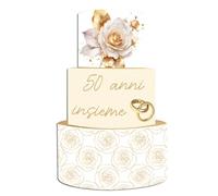 Torta scenografica 50 anni matrimonio nozze d'oro per anniversario Tema allestimento Sweet Table bellissime e Super Colorate party tema sposi sposo sposa