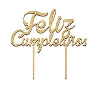 Torta topper d'oro in legno Buon compleanno 18x16 cm.