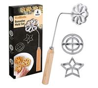Tortillada - 4 pezzi Set Bunuelos Stampo con manico in legno Rosetta Maker biscotto Strumento in alluminio fuso stampi per cialde Set con 3 stampi (Stella Fiore Cerchio)