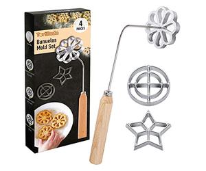 Tortillada - 4 pezzi Set Bunuelos Stampo con manico in legno Rosetta Maker biscotto Strumento in alluminio fuso stampi per cialde Set con 3 stampi (Stella Fiore Cerchio)