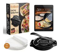 Tortillada - Pressa per Tortillas in Ghisa 20 cm - Tortilla Maker per Tacos, Wrap e Pane Piatto - con E-Book e 100 Fogli Carta Forno - Pressa Resistente