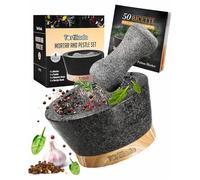 Tortillada - XXL Set di mortaio e pestello da 16 cm in granito naturale con base in legno antigraffio Macina spezie in granito con 50 ricette, nero