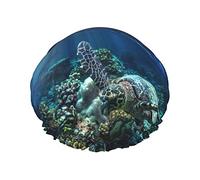 Tortuga marina flotando hacia arriba y sobre Coral Gorro de ducha estampado Gorro de satén Gorro de pelo Gorros de baño impermeables Banda elástica Dobladillo elástico Gorro de ducha reutilizable