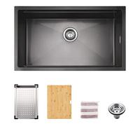 TORVA Lavello da cucina sottopiano 1,2 mm in ceramica nero canna di fucile con rivestimento nano, lavello a ciotola singola con tagliere e scolapiatti in acciaio inox, 760 x 450 x 230 mm