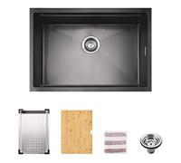TORVA Lavello da cucina sottopiano 1,2 mm in ceramica nero canna di fucile con rivestimento nano, lavello a ciotola singola con tagliere e scolapiatti in acciaio inox, 660 x 450 x 230 mm