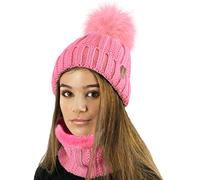 TOSKATOK Berretto Invernale Donna Chunky Berretto e Sciarpa con Fodera in Pile Caldo Accogliente e Grande Pom Pom in Pelliccia Sintetica - Disponibile da Solo o in Set