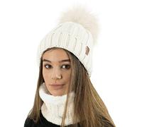 TOSKATOK Berretto Invernale Donna Chunky Berretto e Sciarpa con Fodera in Pile Caldo Accogliente e Grande Pom Pom in Pelliccia Sintetica - Disponibile da Solo o in Set