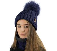 TOSKATOK Berretto Invernale Donna Chunky Berretto e Sciarpa con Fodera in Pile Caldo Accogliente e Grande Pom Pom in Pelliccia Sintetica - Disponibile da Solo o in Set