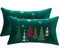 Tosleo Set di 2 federe per cuscino con ricamo natalizio, 30,5 x 50,8 cm, in velluto, motivo alberi di Natale, colore: verde bosco, federe per cuscini quadrate, morbide e quadrate