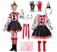 TOSZOLY Costume da Clown per Bambina, Halloween Costume Outfit con Cappello, Guanti, Calze, Adesivi Trucco, Vestito Clown Bambina Vestito da Giullare Spaventoso per Halloween Carnevale Cosplay (XL)