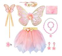 TOSZOLY Costume da Fata Bambina, Set 8 Pezzi con Ali di Farfalla, Tutu, Corona, Bacchetta Magica e Gioielli, Vestito da Principessa per Halloween, Carnevale, Compleanni, Regalo 3-6 Anni