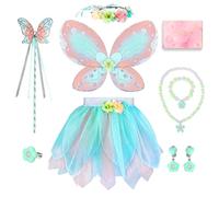 TOSZOLY Costume da Fata Bambina, Set 8 Pezzi con Ali di Farfalla, Tutu, Corona, Bacchetta Magica e Gioielli, Vestito da Principessa per Halloween, Carnevale, Compleanni, Regalo 3-6 Anni