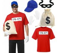 TOSZOLY Costume da Ladro Uomo, Costume da Rapinatore con Maglietta, Maschera, Guanti, Borsa e Cappello, Cosplay Costumes da Rapinatore Banche per Adulti Feste Carnevale Cosplay (XL)