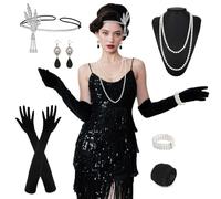 TOSZOLY Costume Donna Anni '20, Vestito Charleston con Frange e Paillettes, Abito Stile Flapper Vintage con Accessori per Festa a Tema, Carnevale, Halloween, Ballo, Serata Elegante (XL)